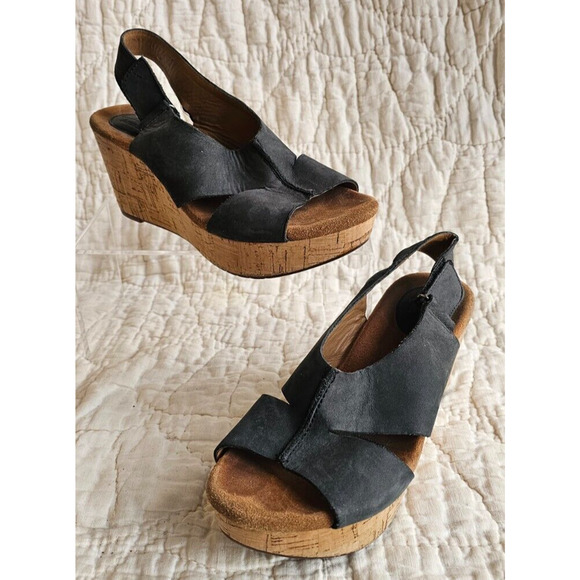 Clarks Collection Black Leather Adjustable Platform‎ Wedge Sandals Womens 7.5 - Picture 1 of 6